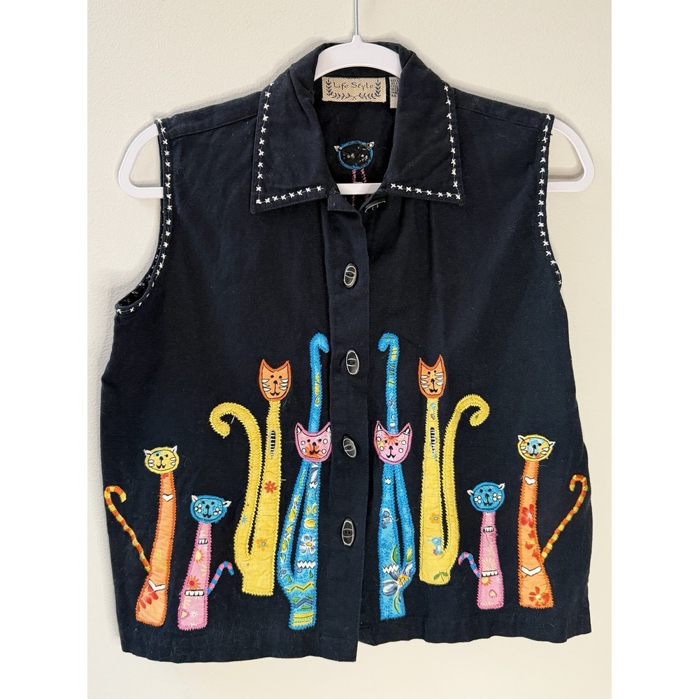 Womens Vest Jacket Animal Print Embroidered Cats Size M Whimsical Fun Size M